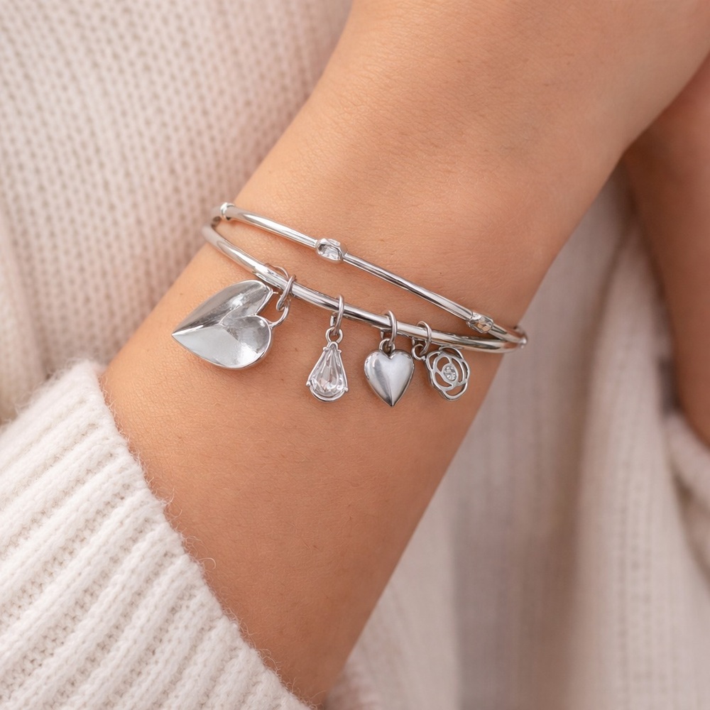 Silver Charm Bangle Bracelet Crystal 2 Pc Set